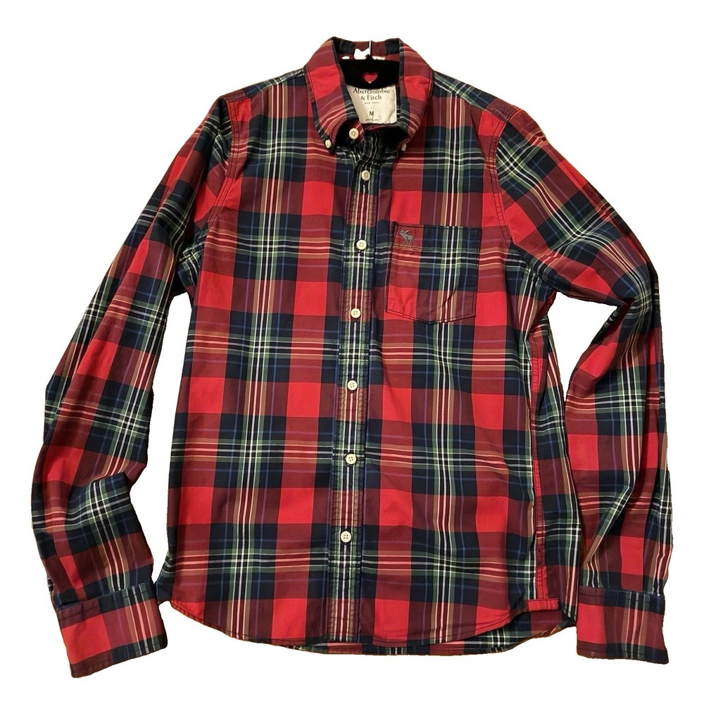 Abercrombie & Fitch Muscle Fit Plaid Shirt Mens M Red Navy Moose 100% Cotton